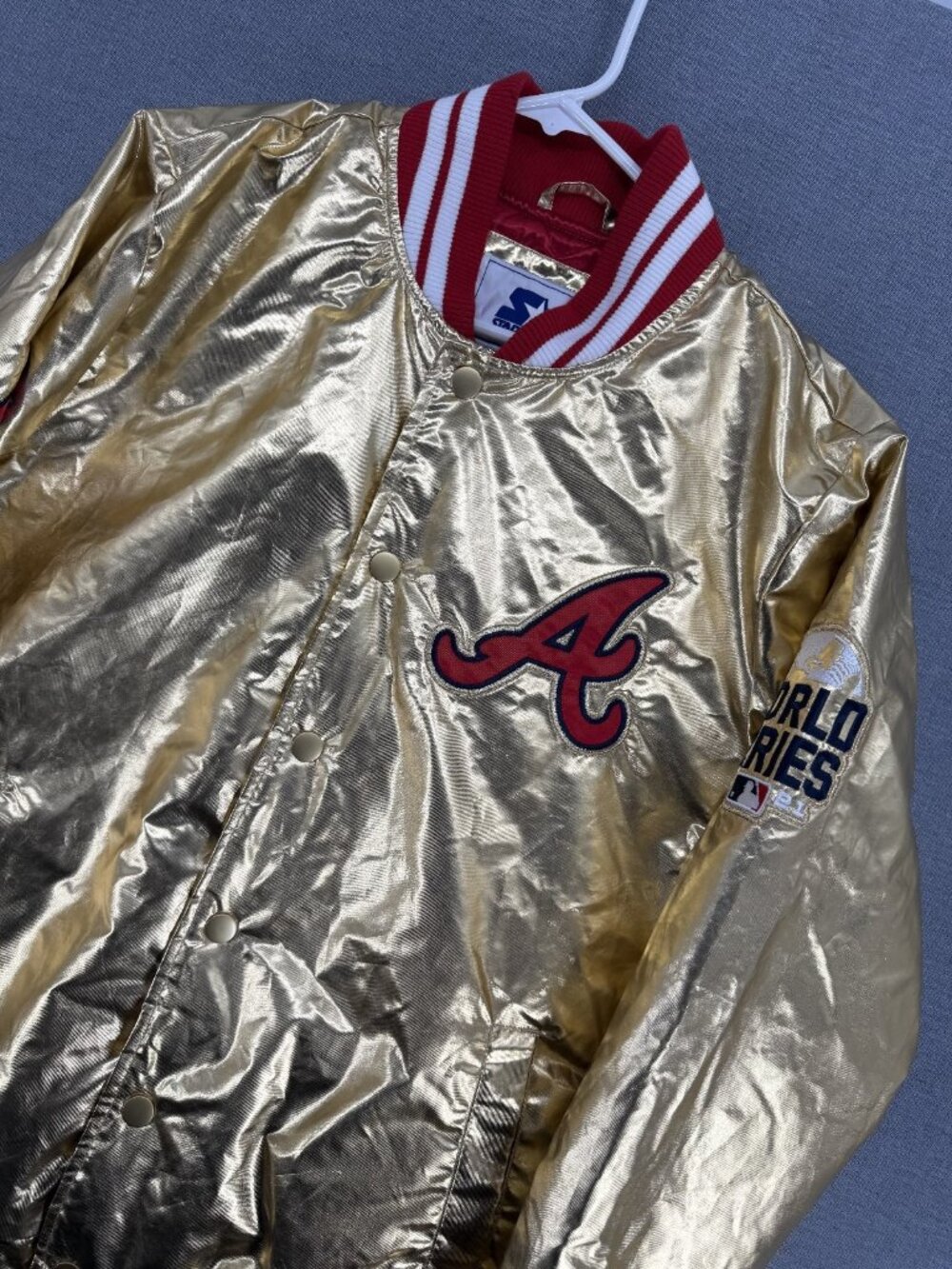 Starter Atlanta Braves Satin Quilted Snap Gold Bomber Jacket Mens M NWT